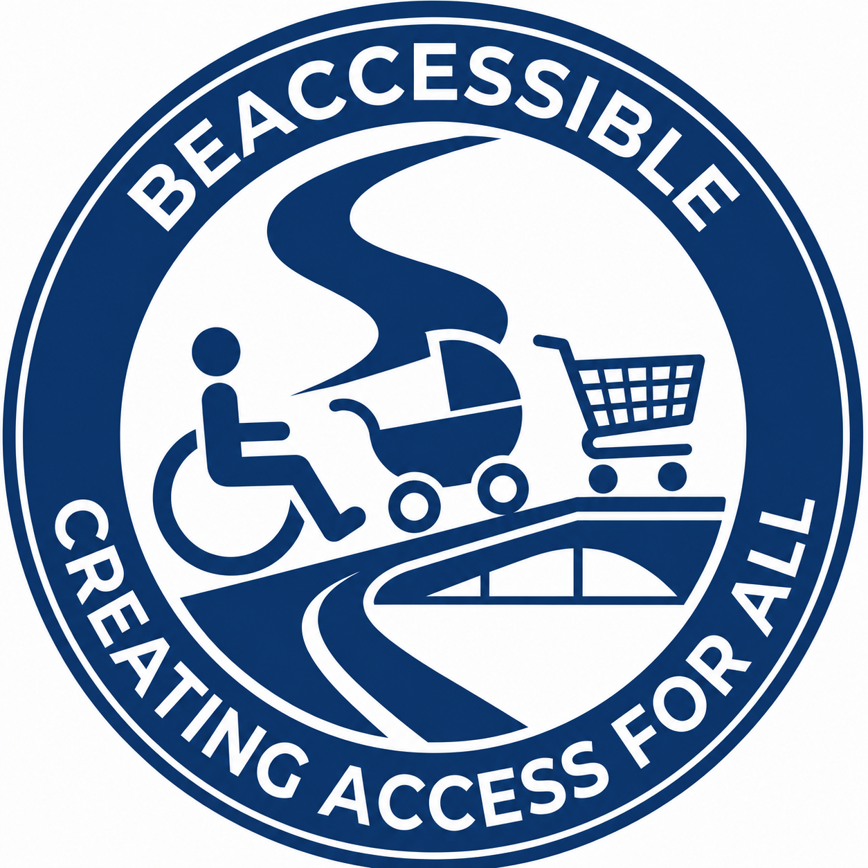 BeAccessible logo â€” circular badge with wheelchair user, pram, shopping trolley, and accessibility ramp icons, text reads BEACCESSIBLE CREATING ACCESS FOR ALL